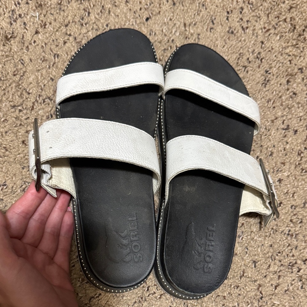 Sorel Black and White Slide Sandals